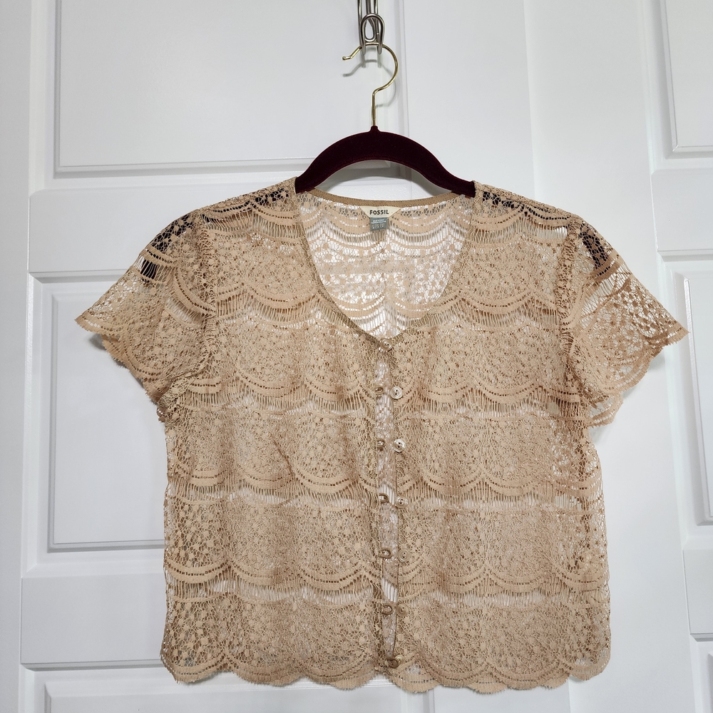 Fossil Nude Lace Scallop-Edge Button Front Top